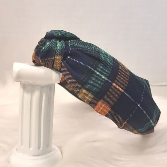 BLUE GREEN KHAKI PLAID CHRISTMAS HEADBAND - Picture 1 of 5